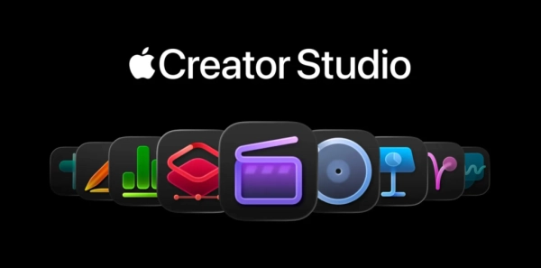 Логотипы приложений Apple Creator Studio на черном фоне.