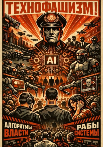 Плакат о технофашизме: контроль ИИ, алгоритмы власти, угнетение общества.