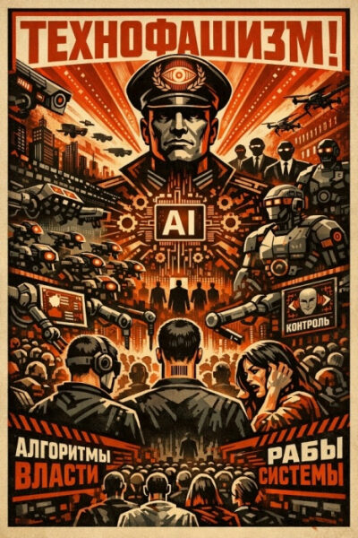Плакат о технофашизме: контроль ИИ, алгоритмы власти, угнетение общества.