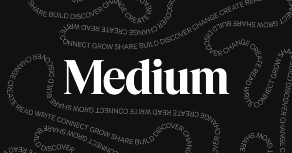 Логотип платформы Medium на чёрном фоне с текстами о креативности.