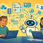 Люди и робот работают за ноутбуками с облачными данными и иконками технологий.