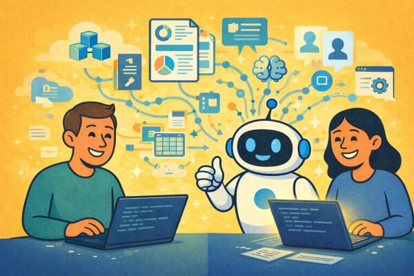 Люди и робот работают за ноутбуками с облачными данными и иконками технологий.