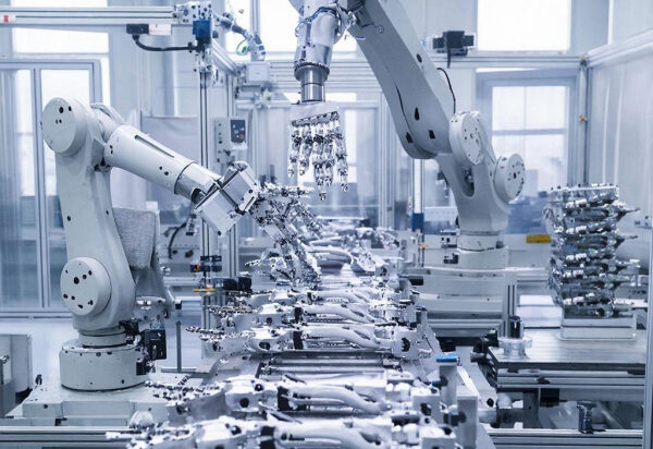 Роботизированная сборочная линия на заводе, автоматизация производства деталей.