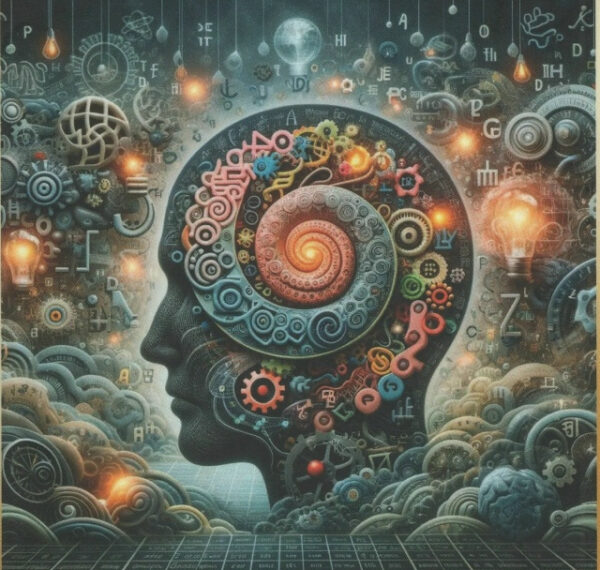 Абстрактное изображение человеческого профиля, заполненного шестернями и символами.