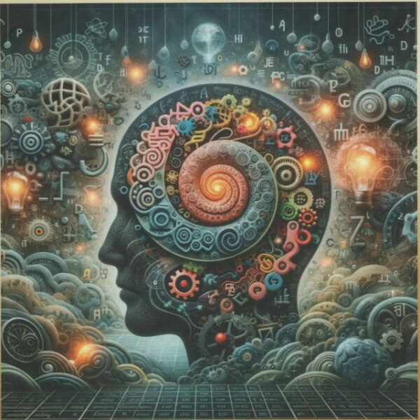 Абстрактное изображение человеческого профиля, заполненного шестернями и символами.