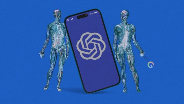 Изображение смартфона с логотипом ИИ и двумя анатомическими фигурами на синем фоне.