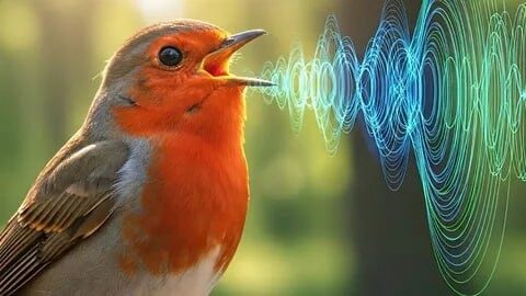 Птица с оранжевой грудкой поёт, звуковые волны на фоне.