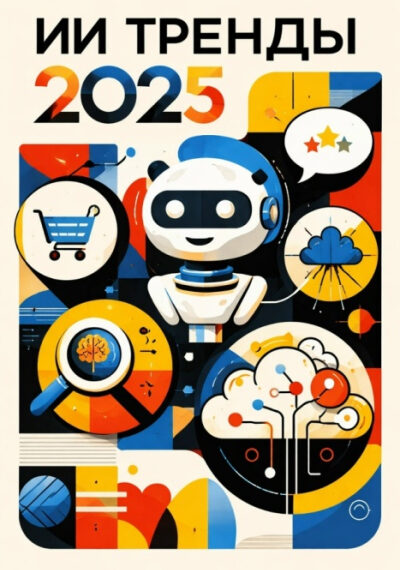 Иллюстрация трендов искусственного интеллекта 2025: робот, облака, мозг, технологии.