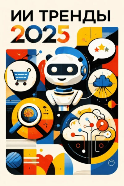 Иллюстрация трендов искусственного интеллекта 2025: робот, облака, мозг, технологии.
