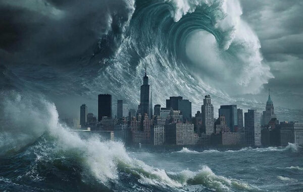 Гигантская волна над городом, угроза цунами, апокалиптический пейзаж.