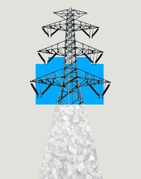 Электрическая линия на фоне голубого квадрата и белых камней.