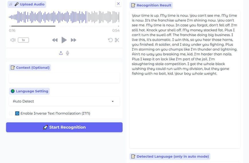 Интерфейс Qwen3-ASR для преобразования речи в текст с настройками и результатами распознавания.
