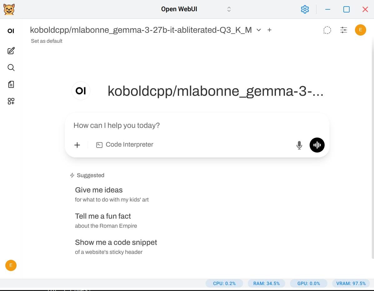 Домашний ПК как ИИ-хаб: вышел лаунчер Gerbil Появился Gerbil —... 2 Скриншот интерфейса приложения Open WebUI с запросами и функцией Code Interpreter.