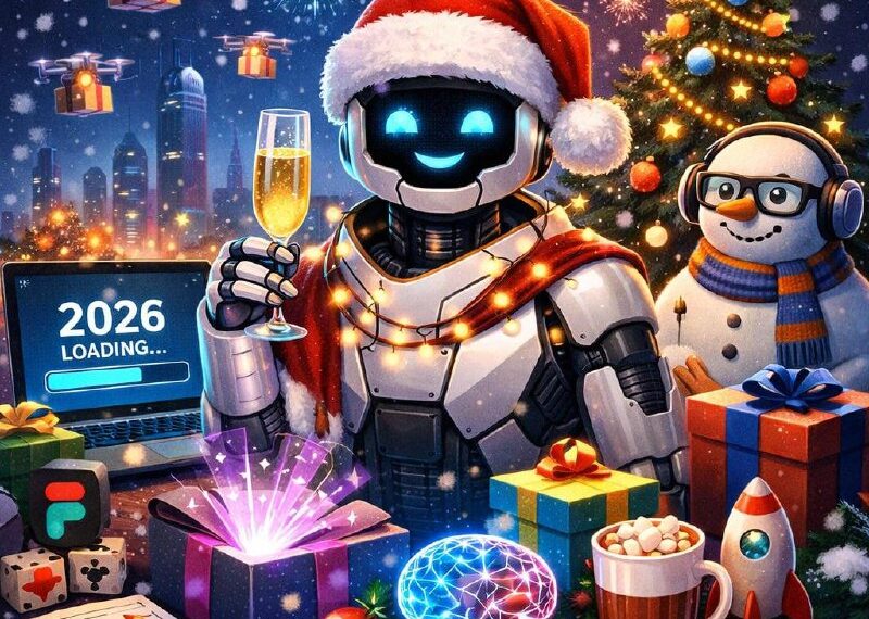 Робот в новогоднем колпаке с бокалом шампанского, вокруг подарки и праздничная атмосфера.