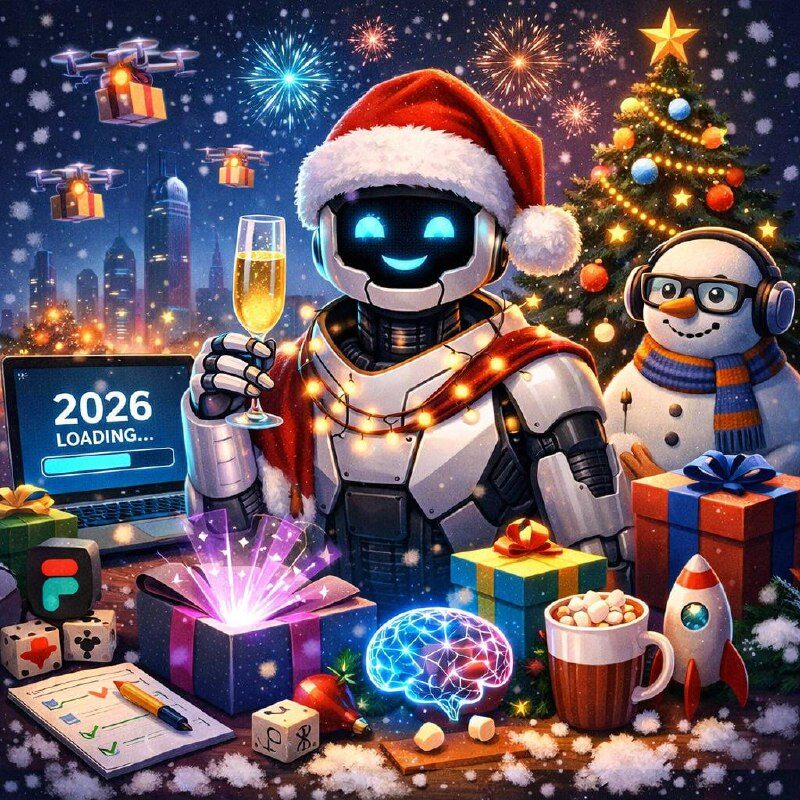 С Новым годом 🎄 Этот год был странным, быстрым и... 2 Робот в новогоднем колпаке с бокалом шампанского, вокруг подарки и праздничная атмосфера.