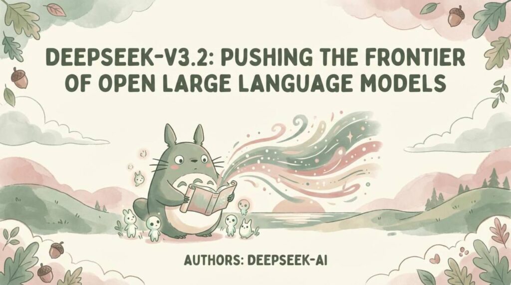 Иллюстрация: персонаж с книгой, заголовок про модели языка DEEPSEEK-V3.2 на фоне природы.