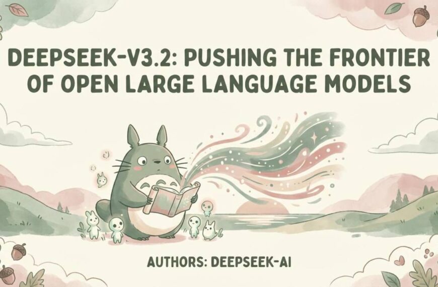 Иллюстрация: персонаж с книгой, заголовок про модели языка DEEPSEEK-V3.2 на фоне природы.