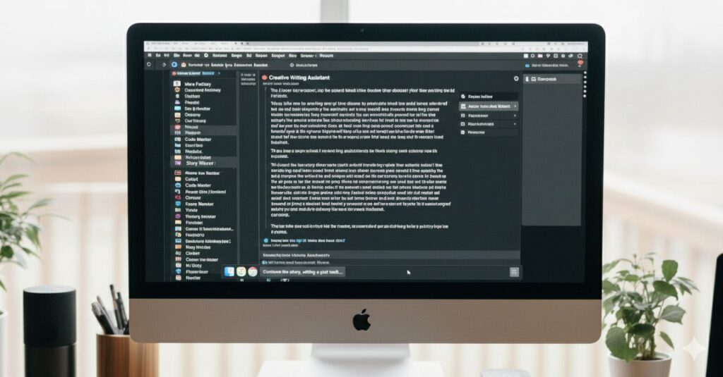 Монитор iMac с открытым текстовым редактором на рабочем столе, рядом растение в горшке.
