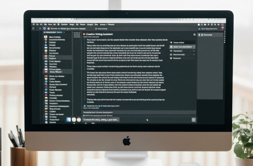 Монитор iMac с открытым текстовым редактором на рабочем столе, рядом растение в горшке.