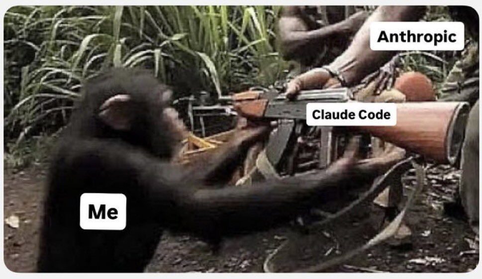 Шимпанзе с автоматом в руках с надписями "Me", "Claude Code" и "Anthropic".