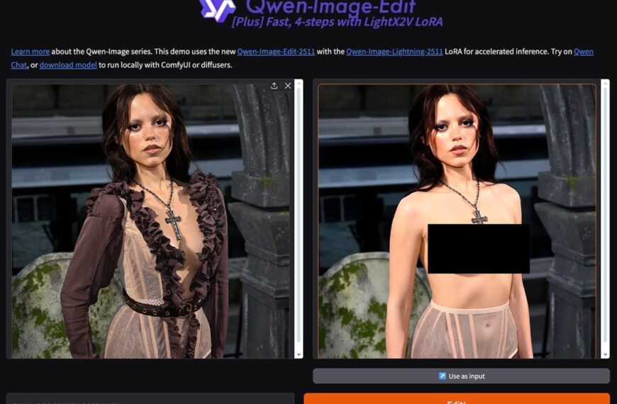 Изменение одежды с длинного платья на открытый наряд с помощью Qwen-Image-Edit.