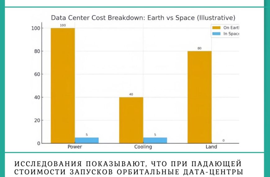 Диаграмма сравнения стоимости дата-центров на Земле и в космосе: энергия, охлаждение, земля.