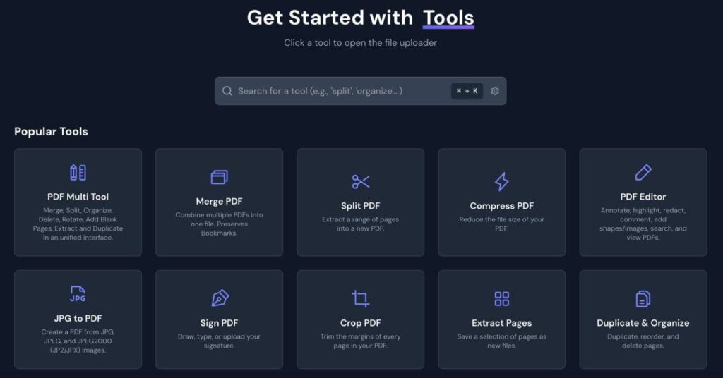Интерфейс инструментов для работы с PDF: слияние, разделение, сжатие, редактирование файлов.