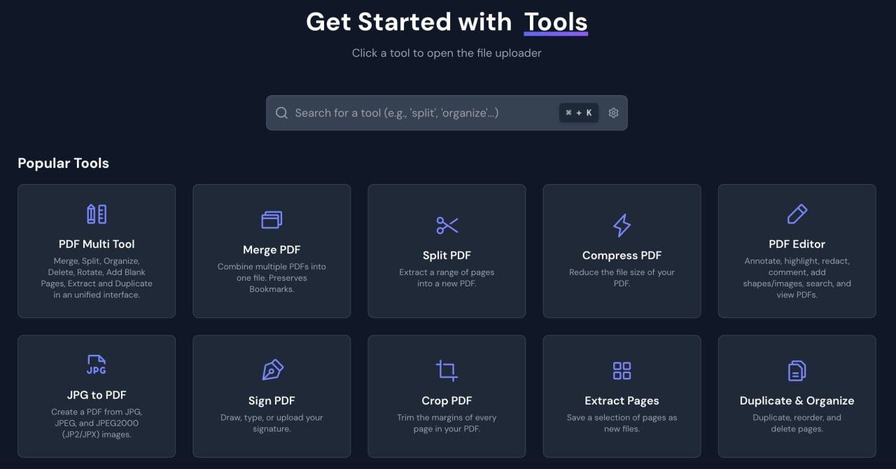 Интерфейс инструментов для работы с PDF: слияние, разделение, сжатие, редактирование файлов.