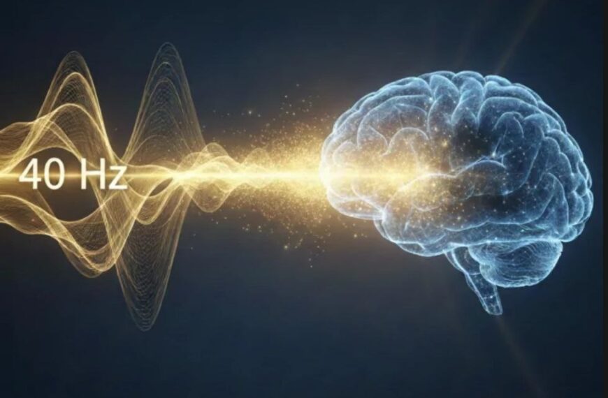 Изображение мозга и звуковой волны 40 Гц, концепция нейронауки и частот.