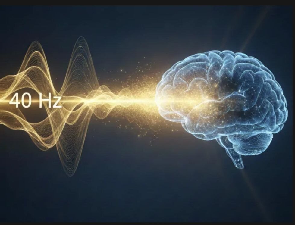 Изображение мозга и звуковой волны 40 Гц, концепция нейронауки и частот.