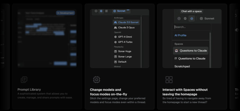 Меню выбора моделей ИИ Claude и GPT с настройками фокуса и взаимодействия с Spaces.