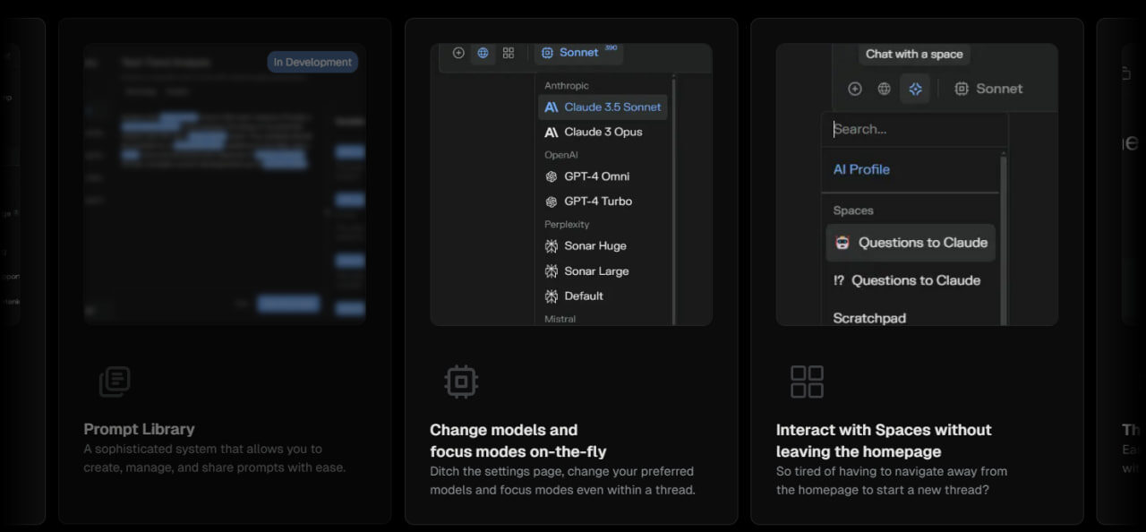 Меню выбора моделей ИИ Claude и GPT с настройками фокуса и взаимодействия с Spaces.