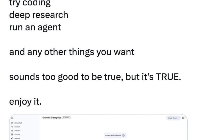 Твит об использовании последних моделей Gemini Enterprise без ограничений.