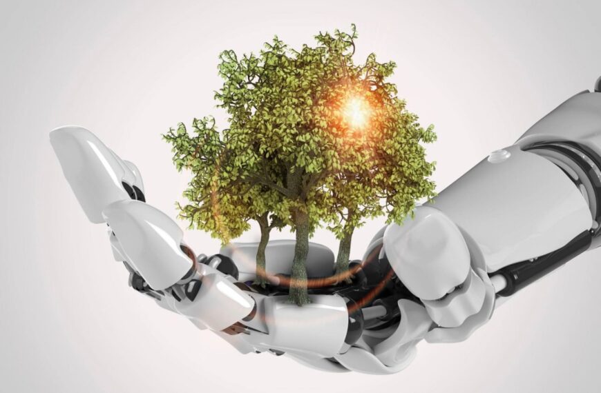 Роботизированная рука держит дерево с солнечным светом, символизируя природу и технологии.