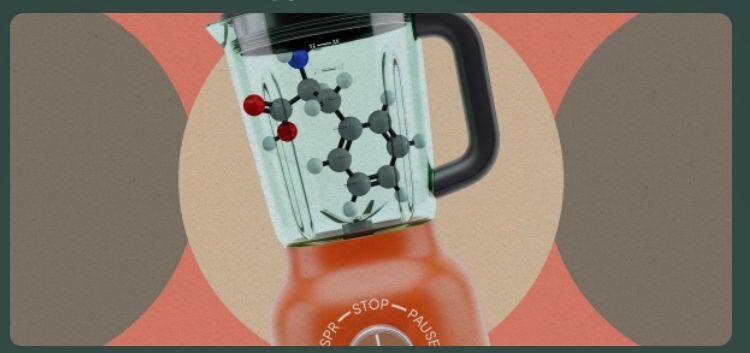 Блендер с молекулой внутри, иллюстрация концепции биотехнологий и химии.