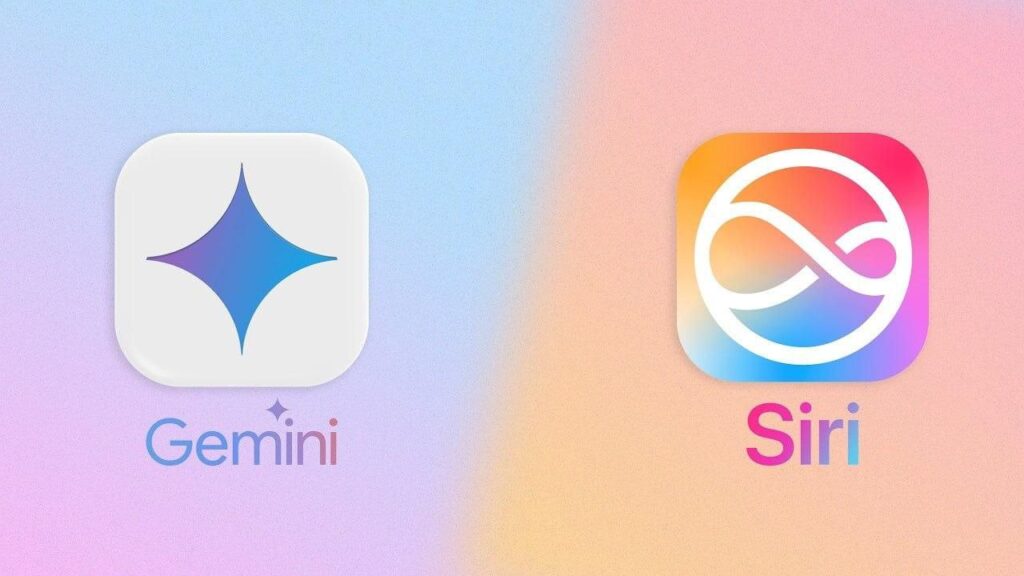 Логотипы Gemini и Siri на градиентном фоне.