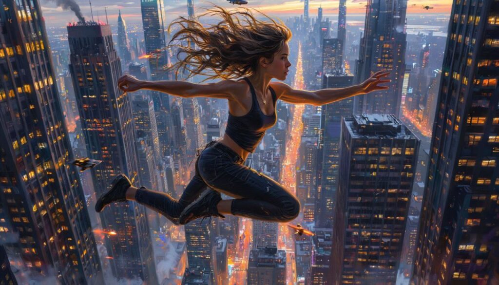 Женщина паркуристка прыгает между небоскрёбами в футуристическом городе на закате.
