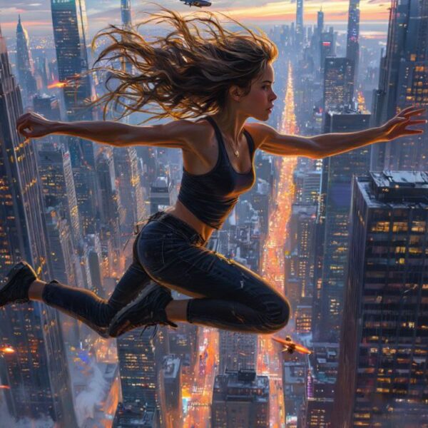 Женщина паркуристка прыгает между небоскрёбами в футуристическом городе на закате.