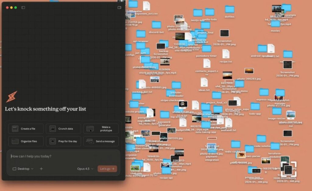 Рабочий стол компьютера с множеством файлов и папок и открытой программой на переднем плане.