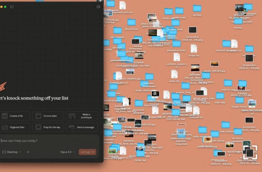 Рабочий стол компьютера с множеством файлов и папок и открытой программой на переднем плане.