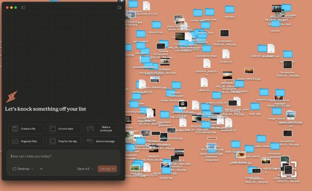 Рабочий стол компьютера с множеством файлов и папок и открытой программой на переднем плане.