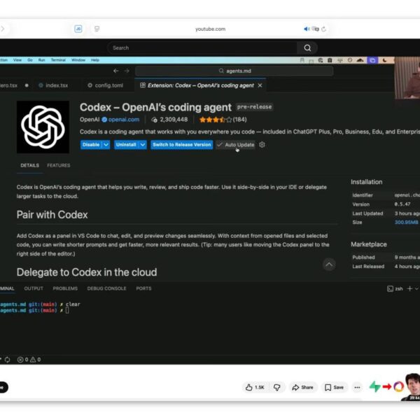Экранышот YouTube с видео о начале работы с Codex от OpenAI в интерфейсе VS Code.