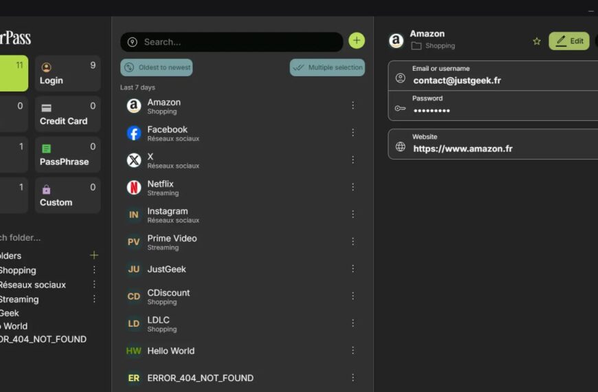 Интерфейс менеджера паролей PearPass с сохранёнными логинами для различных сайтов.