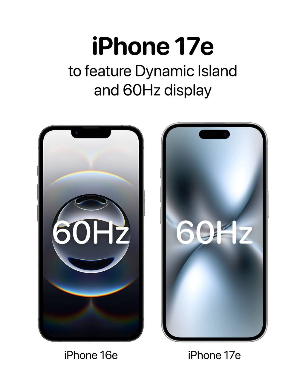 iPhone 17e с Dynamic Island и 60Hz дисплеем, сравнительный вид с iPhone 16e.