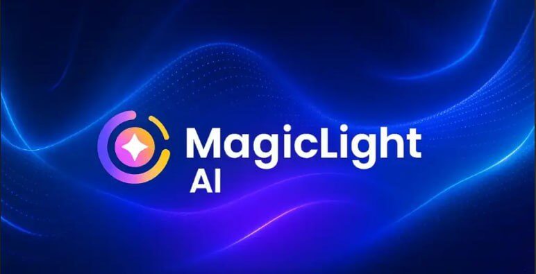 Логотип MagicLight AI на синем фоне с абстрактными линиями.