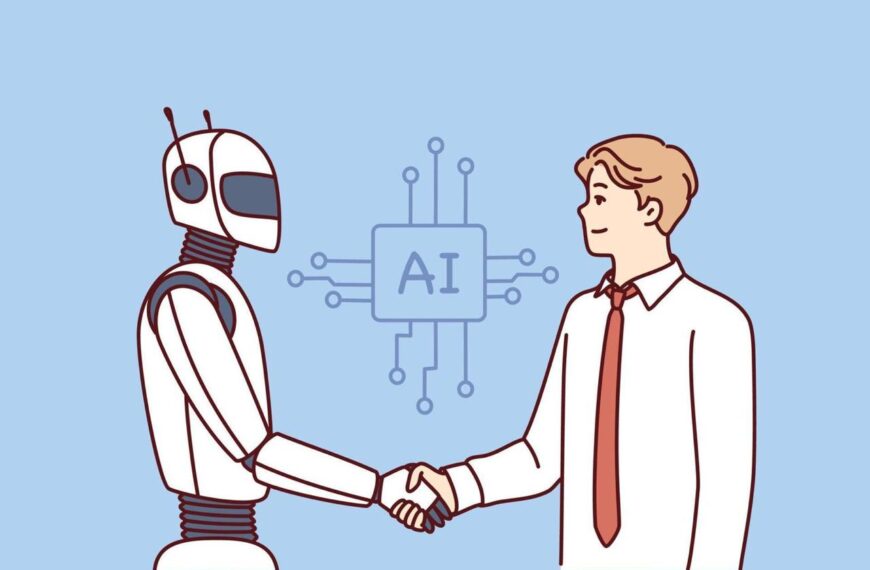 Робот и человек пожимают руки на фоне символа искусственного интеллекта.