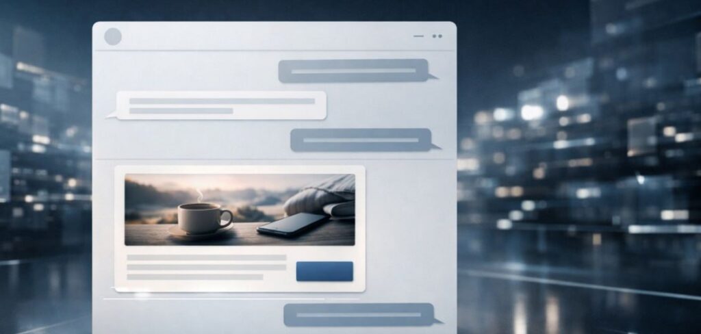 В ChatGPT появится реклама — но осторожно OpenAI подтвердила, что... 1 Чат-окно с фото кофе на фоне, смартфон и пейзаж, современный интерфейс.