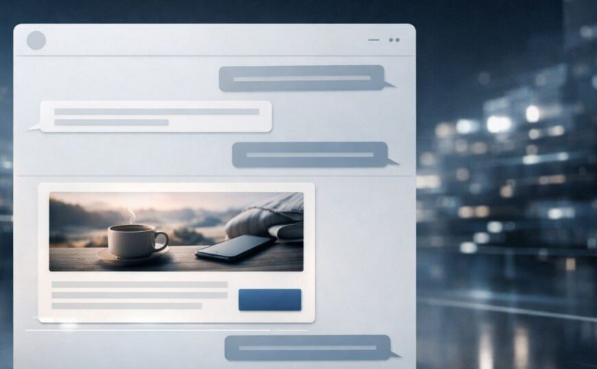 Чат-окно с фото кофе на фоне, смартфон и пейзаж, современный интерфейс.