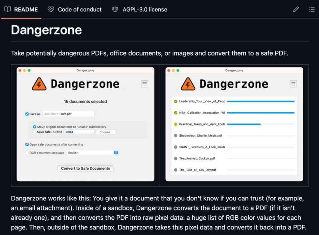 Интерфейс программы Dangerzone для конвертации файлов в безопасные PDF.