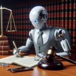 Робот в костюме пишет законопроект в офисе, символы правосудия рядом.